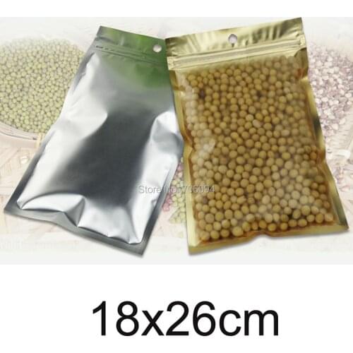 200PCS 18*26cm(7.09''x10.24'')Clear+matte Gold Ziplock Aluminum foil bag self sealing plastic storage bag for gift tea coffee