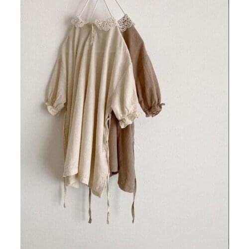 2021 Infants Girls Spring and Autumn Cotton and Linen Casual Long-sleeved Princess Dress with Ties Casual Solid Color Garden