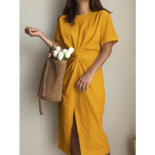 2021 VONDA Women Dress Casual Short Sleeve Front Slit Bowknot Dresses Loose Cotton Beach Sundress Femme Party Robe Plus Size 5XL