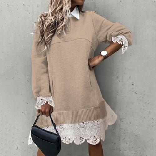 50% HOT SALES！！！Women Fashion Long Sleeve Shirt Collar Lace Patchwork Knitwear Leisure Dress