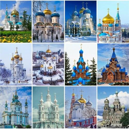 Huacan 5d Diamond Embroidery Cross Stitch Church Castle Building Diamond Paintings Mosaic Spring Winter Landscape Wall Decor