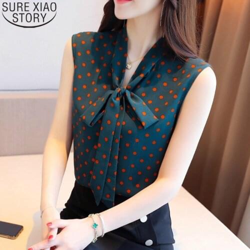 White Blouse Black Dot Print Blouses Women Sleeveless Shirt Casual Top Clothing Korean 2021 Summer Bow Chiffon Shirt Blusas 9459