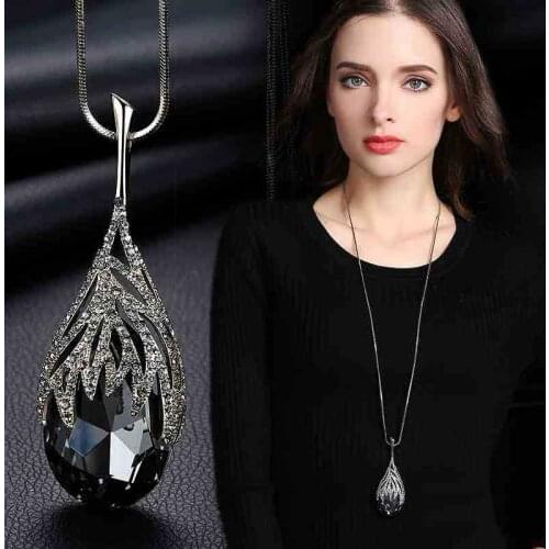 Shining CZ Water Drop Pendant Necklace Long Sweater Chain For Women Costume Jewelry 4 Colors
