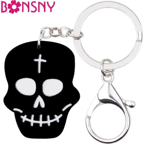 Bonsny Acrylic Halloween Black Skull Skeleton Key Chain Keychain Ring Pendant Punk Jewelry For Women Girls Bag Car Charms Bijoux