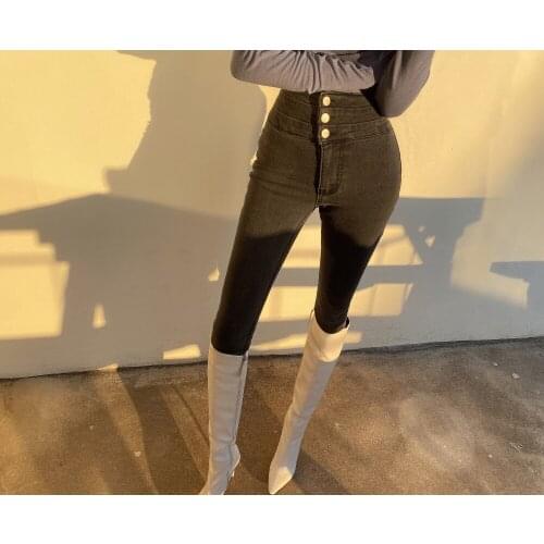 High Waist Jeans Pencil Pants Ankle-Length Pants Woman Jeans 2021 Spring Slim Grey Three Grain of Buckle
