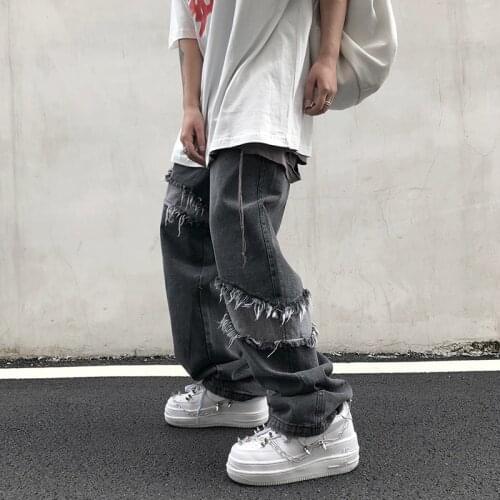 High street tassel cat must be stitched jeans mens fashion brand ins straight hip hop niche loose drop feeling wide leg length