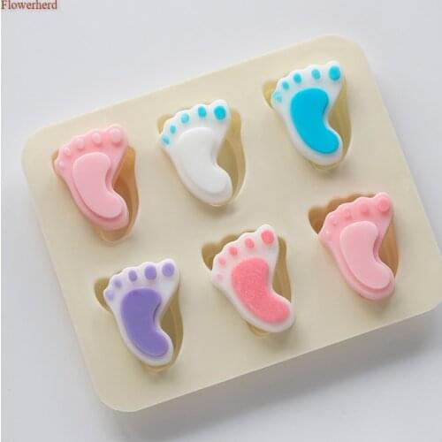 Baby Footprint Shape 6 Cavities Handmade Silicone Soap Mold Diy Fondant Cake Chocolate Mold Baby Bath Tools Cake Decors