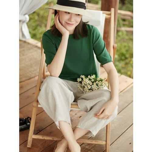 Spring and summer knitted T-shirt womens new style simple temperament versatile long staple cotton leisure 2021041