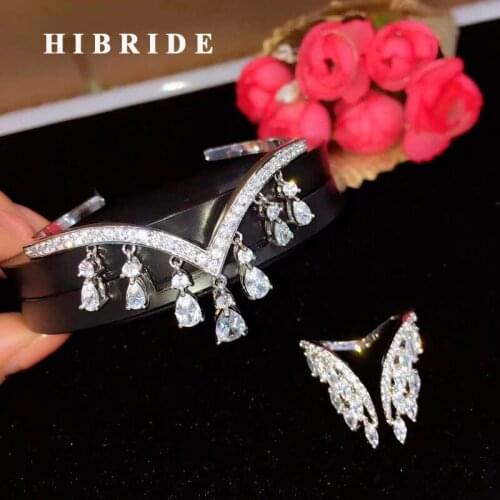 HIBRIDE Brilliant Water Drop CZ Bangle For Women Jewelry Set Trendy Open Cuff Bangle Adjustable Rings Party Jewelry N-633