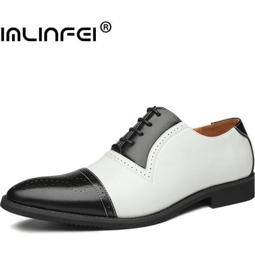 IMLINFEI mens business dress shoes color contrast stitching winklepickers block shoes