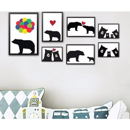 Modern Black White Cartoon Bear Canvas Painting Cute Family Bear Balloon Poster Living Room Childrens Room Wall Decor Pictures