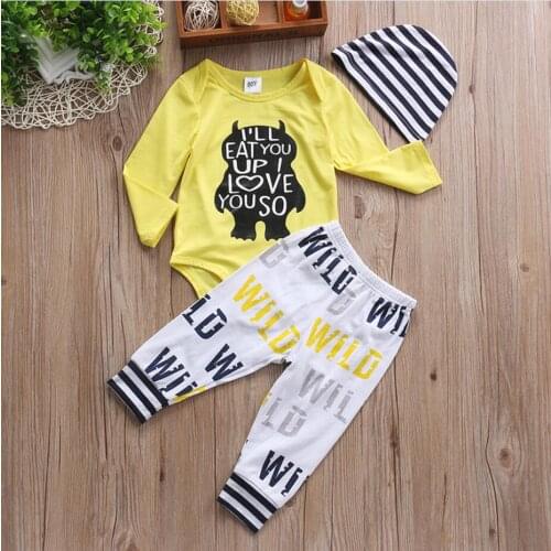 3PCS Baby Boy Clothing Set Newborn Baby girls clothes I'll EAT YOU UP I LOVE YOU SO Rompers Pants Hat Toddle Clothes Outfits