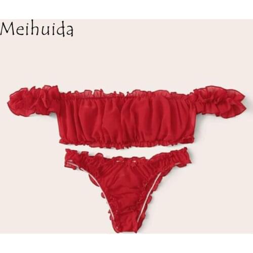 Women Sexy Lingerie Sets 2pcs Off Shoulder Solid Color Mesh Ruffle Sheer Bandeau with Small Thong G-string Sleepwear Set Wife