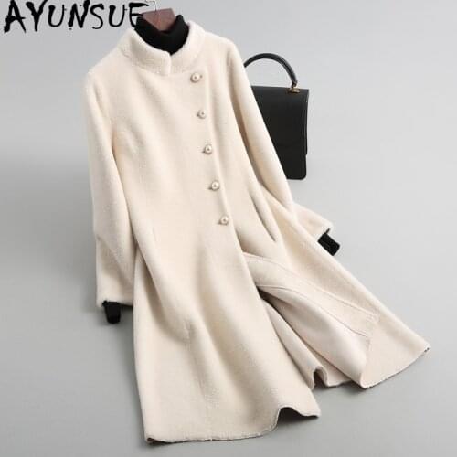 AYUNSUE 2020 Sheep Shearing Jackets Real Wool Fur Coat Female Stand Collar Long Winter Jacket Women Fur Coats Outerwear CN189C69