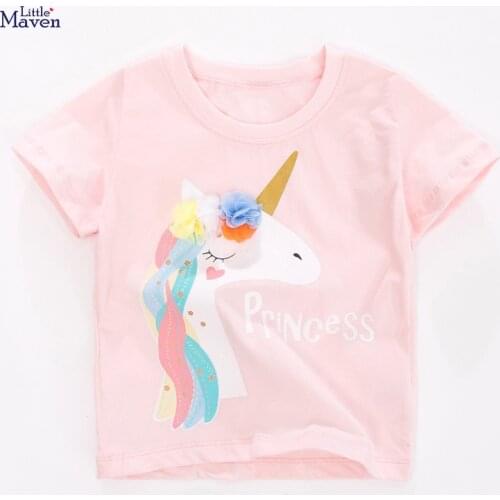Little Maven Children 2021 Summer Baby Girl Clothes Unicorn Print Tee Tops Brand Cotton Pink T Shirt for Kids 2-7 Years 51875