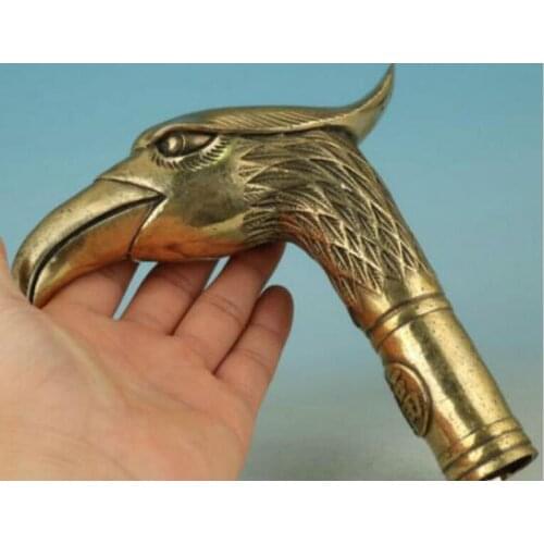 Zhao Copper Brass Grandpa Good Lucky Old Asian Chinese Handmade Carved Parrot Collect Statue Walking Stick Head