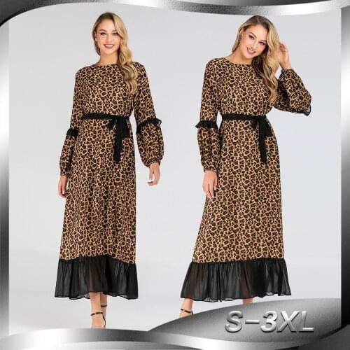 Middle East Fashion Leopard Print New Muslim Chiffon Stitching Large Swing Dress Womens Dress Moroccan Caftan Abaya Dubai 2021