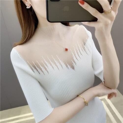 Room 198052, row 5, No. 6, top] real shot solid lace splicing short sleeve T-shirt 38