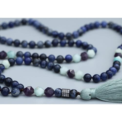EDOTHALIA Mala Necklace Women Natural Stone 8MM Blue Veins Bead Knotted Faceted Amazonite&Purple Ameths CZ Pendant Necklace