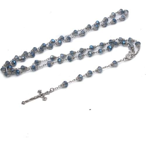 QIGO Religious Prayer Jewelry Long Crystal Cross Rosary Necklace with Cup