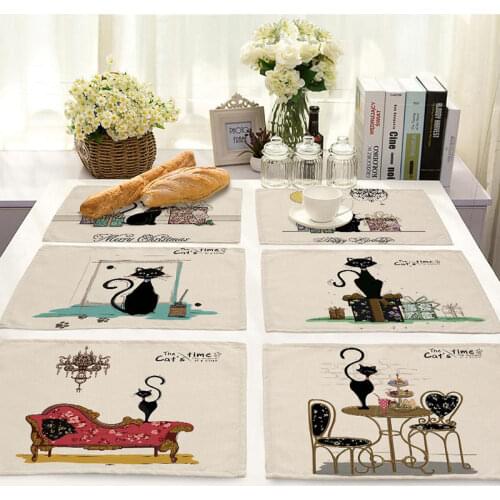 Literary Style Black Cat Placemat Restaurant Banquet Cotton Linen Tableware Mat Coffee Coaster Heat Insulation Anti-Slip 32*42cm