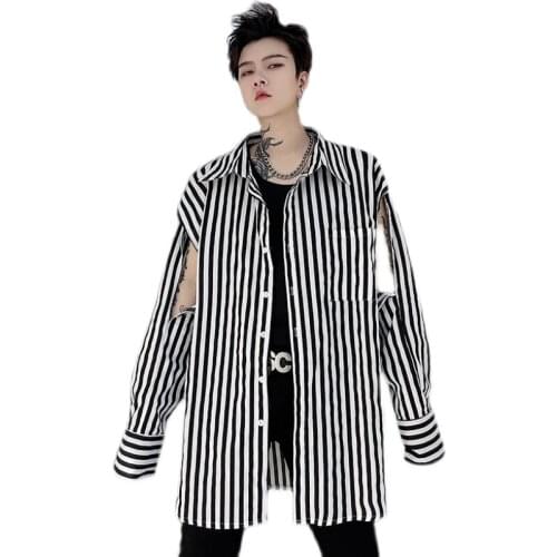Striped shirts for men Long sleeve Ripped hole Hip hop style Spring Autumn Black and white