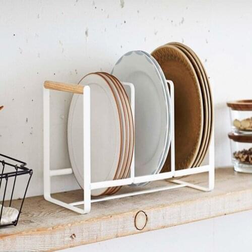 Japanese-style Wrought Iron Portable Wooden Handle Pot Cover Rack Cutting Board Rack Three Grid Dish Rack Kitchen Supplies Rack