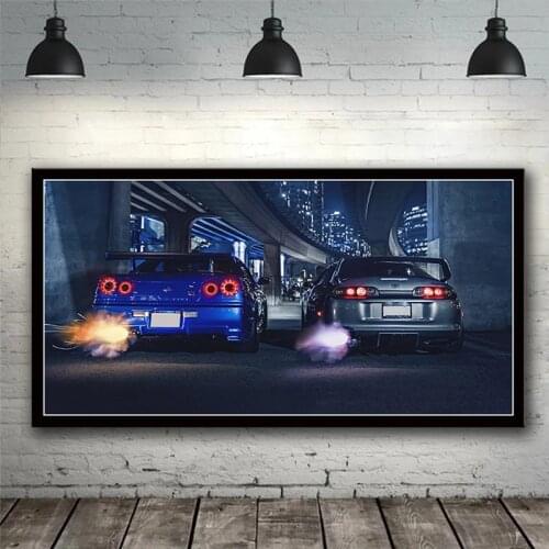 Sports Car Racing Nissan GTR Super Car and GTR R34 VS Supra Vehicle Canvas Painting Wall Art modern Print Home Decor Poster