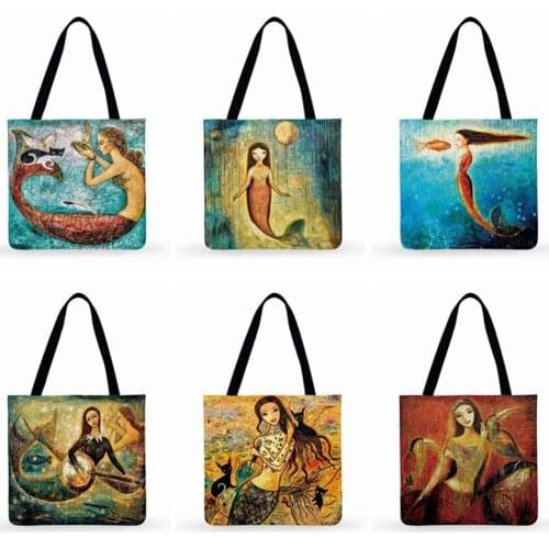 Retro Mermaid Oil Painting Art Tote Print Bag Women Casual Tote Ladies Shoulder Bag Outdoor Shopping Fashion Bag Beach Tote Bag