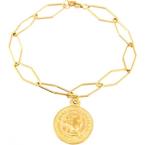 Stainless Steel Unique penny cent Coin bracelets for women Long square link rhombus chain silver/gold color pulseras mujer