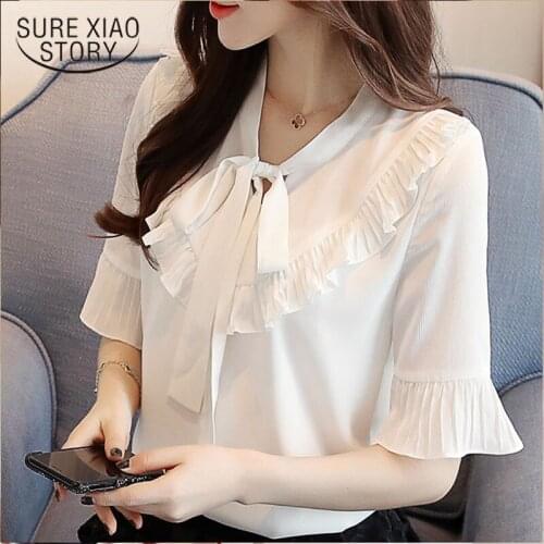 2019 Chiffon Blouse Ladies Tops White Shirt Blouse Womens Tops and Blouses Harajuku Bow Solid O-Neck Butterfly Sleeve 3046 50