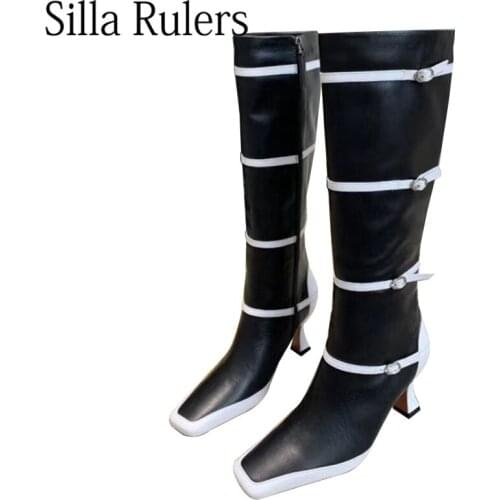 Runway Square Toe Knee High Boots For Woman High Heels Genuine Leather Belt Boots Woman Mixed Color Womens High Boots 2020