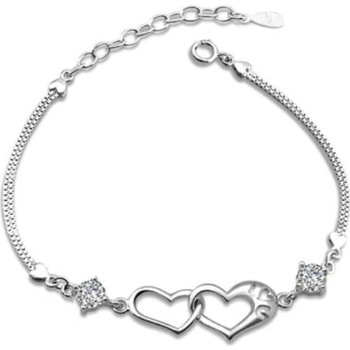 KOFSAC New Trendy Heart to Heart Shiny Zircon Bracelet Bangle Jewelry 925 Sterling Silver Bracelets For Women Accessories Gifts