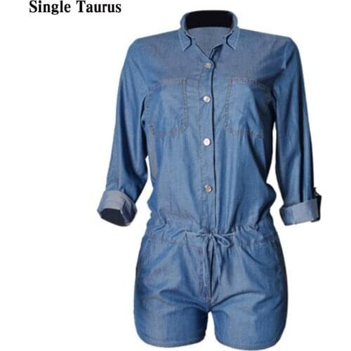 Tencel Playsuits Women Long Sleeve Fashion Sweetwear Jeans Rompers Womens Soft Cotton Denim Blue Women Jumpsuit Women Overalls