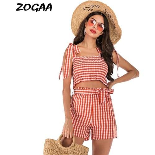 ZOGAA Sets Women Fashion Womens Home Vacation Summer Plaid Vest Suits Two-piece Shorts Hot Sale Casual Girls Sweet Daily Chic