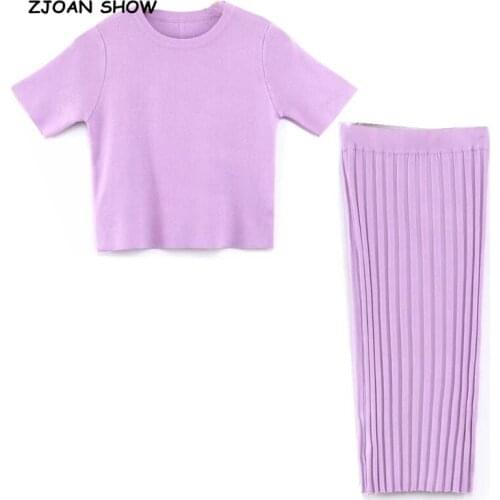 2020 Summer Knitting Short Sleeve T-shirt Sexy Women Package hips Long Skirt Crop Top Short Pullover Tee Tops 2 Pieces Set