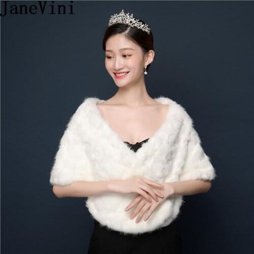 JaneVini Ivory Winter Wedding Jacket Bolero Wrap Faux Fur Bridal Beaded Pin Bride Cape Shoulder Cover chaquetas para vestidos