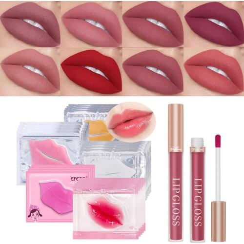 1PCS Moisturizing Lip Gloss Matte Velvet Lipstick + 5PCS Gel Patches for Lip Masks Moisturizing Lips Care Plumper Enhancer Pads
