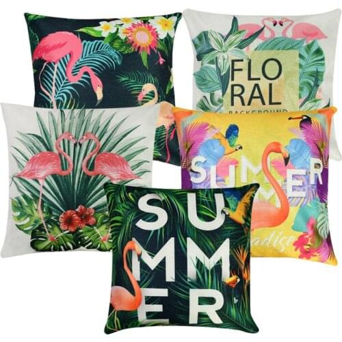 1Pcs Green Palm Leaf Cushion Cover Pink Flamingo Summer Letter Pillowcase For Home Sofa Car Pillow Case Hawaii Party Decor Gifts