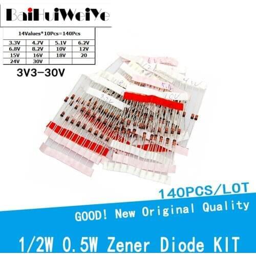 140PCS/LOT 1/2W 0.5W Zener diode kit DO-41 3.3V-30V component diy kit 14values*10pcs Assortment Set New electronic diy kit