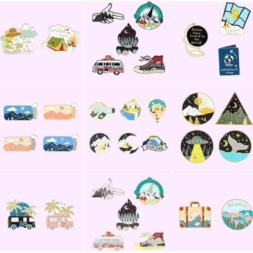 Outdoors Adventure Brooch Collection Motorhome Canvas Shoe Bonfire Compass Enamel Pins Lapel Bag Badges Jewelry Gift for Friends