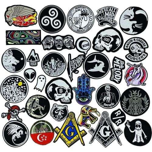 Punk SKULL Black Clothes Patch Round Label Iron on badges Embroidered Stickers Applique for Jacket Jeans Cloth Decoration