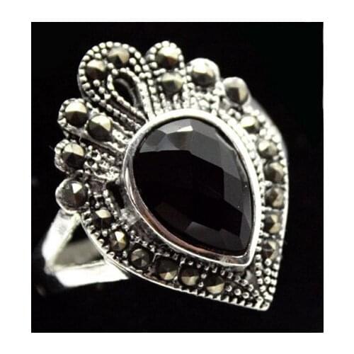 NATURAL DROP BLACK JADE AGATES MARCASITE 925 STERLING SILVER RING SIZE 7/8/9/10