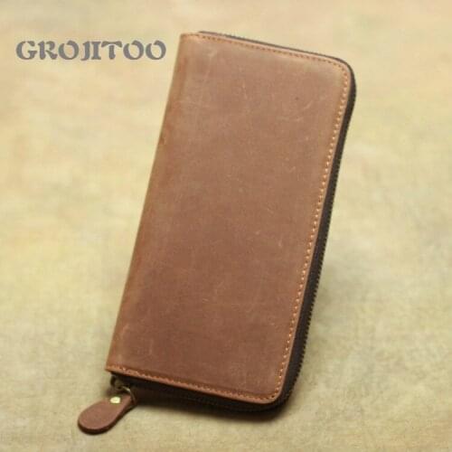GROJITOO Crazy Horse leather long wallet multi-card Mens handbag genuine leather large capacity zipper mobile phone bag