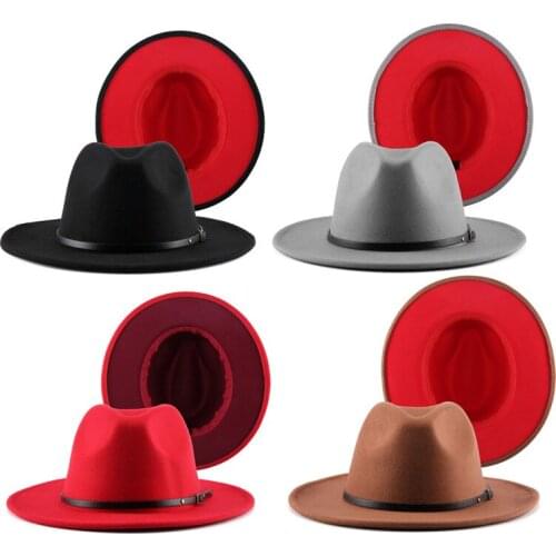 Jovivi Fashion Two Tone Red Bottom Wide Brim Panama Trilby Cap Wool Felt Fedora Hat Panama Hat Casual Jazz Hats for Men Women
