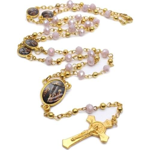 Cross Pendant Rosary Necklace Christian Religion Jesus Glass Crystal Chain Charm H58C