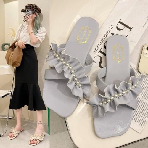 Summer Women Slippers Outer Wear Indoor Outdoor Pearl Lace Flat Bottom Square Toe Casual Beach Flip Flops Ladies Sandals Shoes