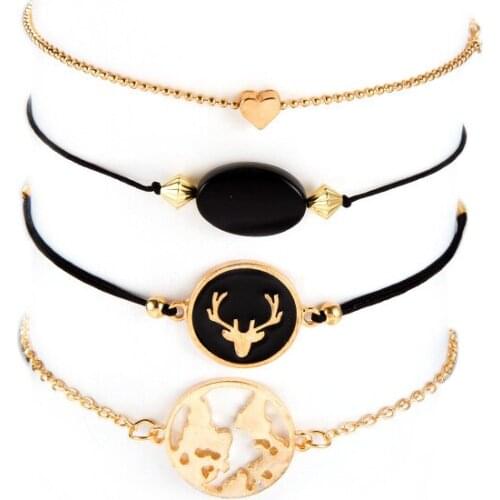 Miss JQ 4 Pcs/Set Vintage Bohemian Gold Map Round Geometric Beads Chain Bracelets for Women Personality Fashion Party Jewelry