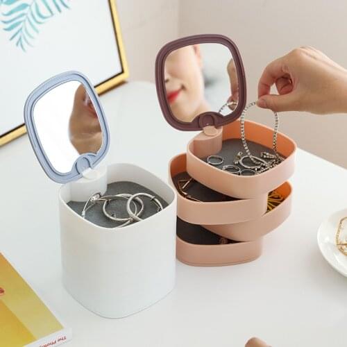 Jewelry Storage Box Multilayer Rotating Plastic Jewelry Stand Earrings Ring Box Cosmetics Beauty Container Organizer with Mirror