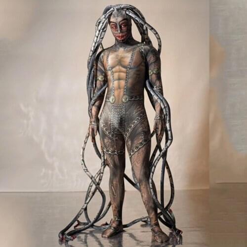 New Halloween Party Stage Clothes Nightclub Bar Dance Team Performance Costumes For Men/Women Print Stretch Jumpsuit DQL2707